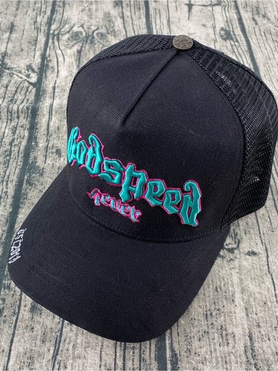 Black Trucker Cap with Teal & Pink Embroidered Logo main image 5